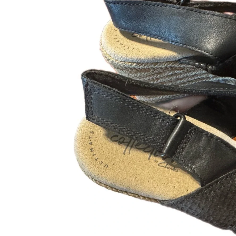 Clarks Collection Wedge Sandals Womens Black Snakeskin Espadrille 6.5 Comfort